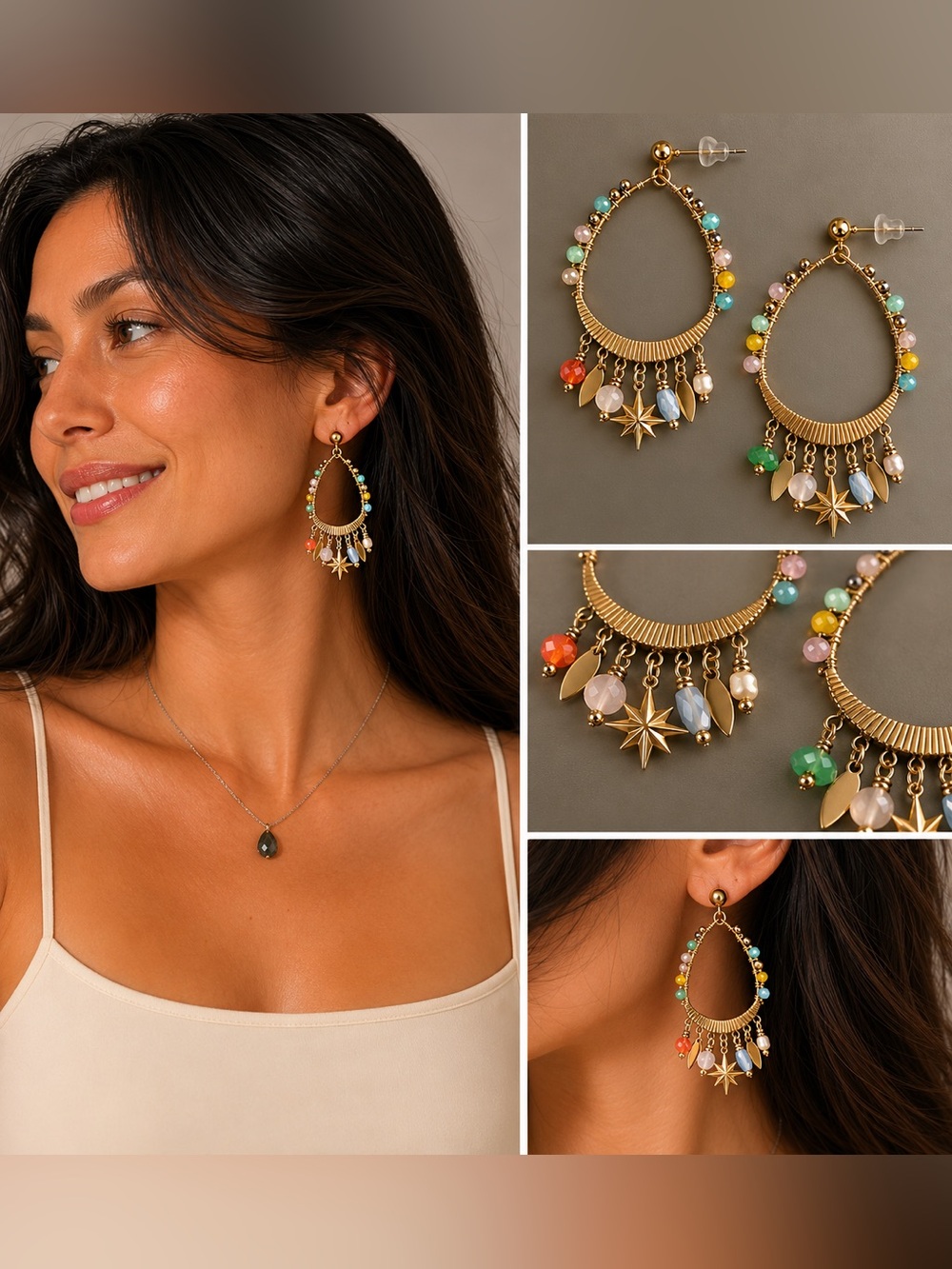 NWT Gold Plated HYPSY Co. Dangle Hoop Colorful Crystal Gemstone Boho Earrings